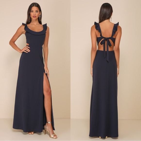 NWOT Lulus Captivating‎ Charisma Navy Ruffled Cutout Tie-Back Maxi Dress - Picture 1 of 8